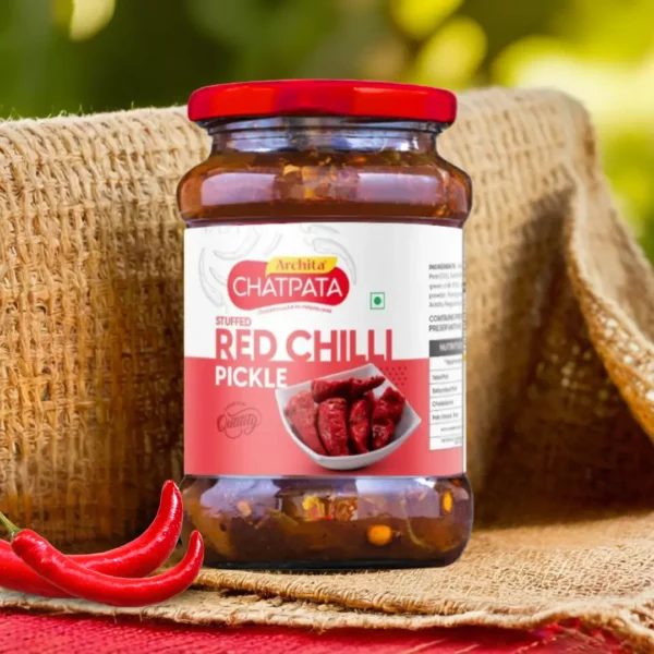 Archita Chatpata Red Stuffed Chilli Pickle 400gm - Glass Jar