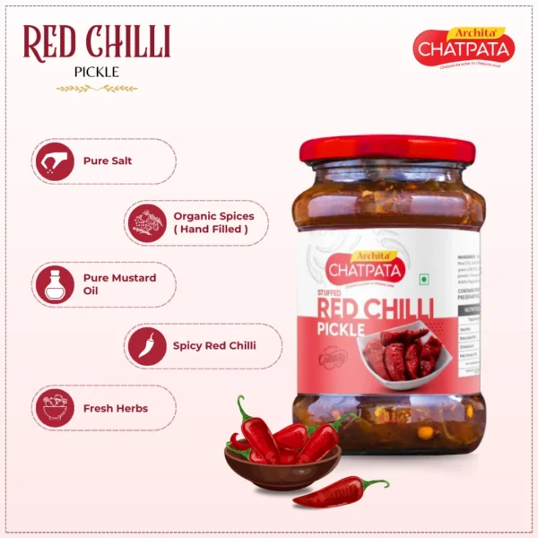 Archita Chatpata Red Stuffed Chilli Pickle 400gm - Glass Jar - Image 4