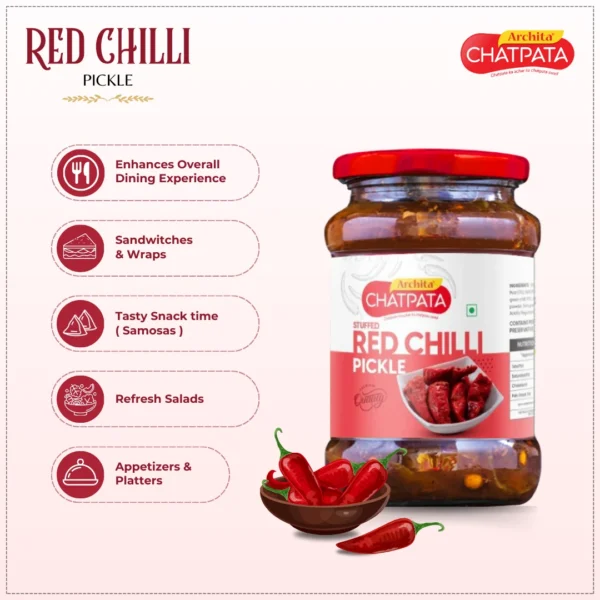 Archita Chatpata Red Stuffed Chilli Pickle 400gm - Glass Jar - Image 5