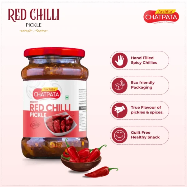 Archita Chatpata Red Stuffed Chilli Pickle 400gm - Glass Jar - Image 3