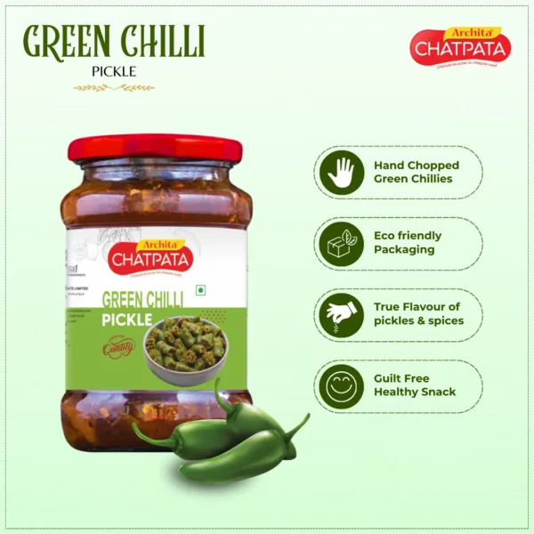 Archita Chatpata Green Chilli Pickle 400gm - Glass Jar - Image 3