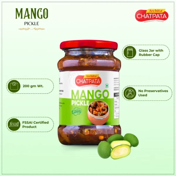 Archita Chatpata Mango Pickle 200gm - Glass Jar - Image 2