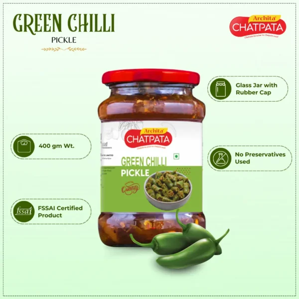 Archita Chatpata Green Chilli Pickle 400gm - Glass Jar - Image 2