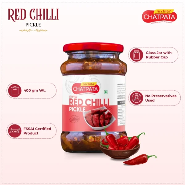 Archita Chatpata Red Stuffed Chilli Pickle 400gm - Glass Jar - Image 2