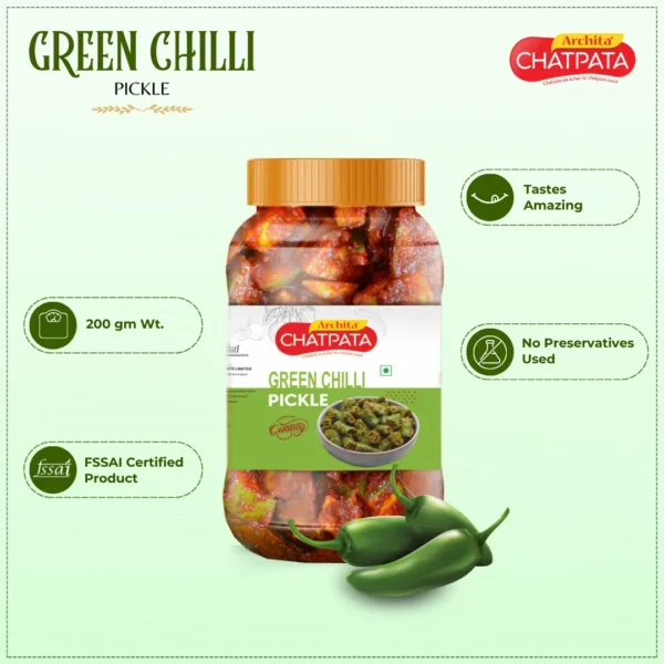 Archita Chatpata Green Chilli Pickle 200gm - Plastic Jar - Image 2