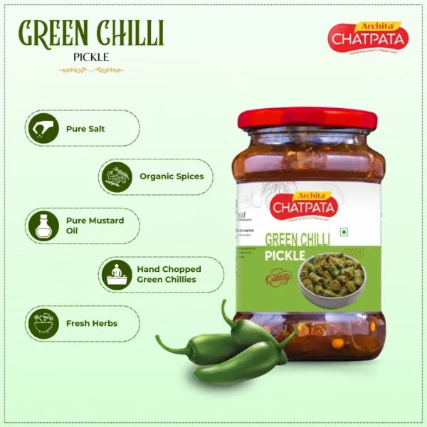 Archita Chatpata Green Chilli Pickle 400gm - Glass Jar - Image 4