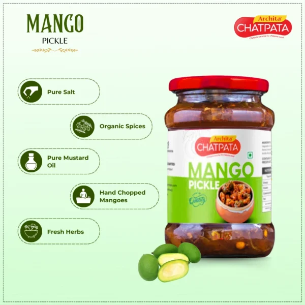 Archita Chatpata Mango Pickle 400gm - Glass Jar - Image 4