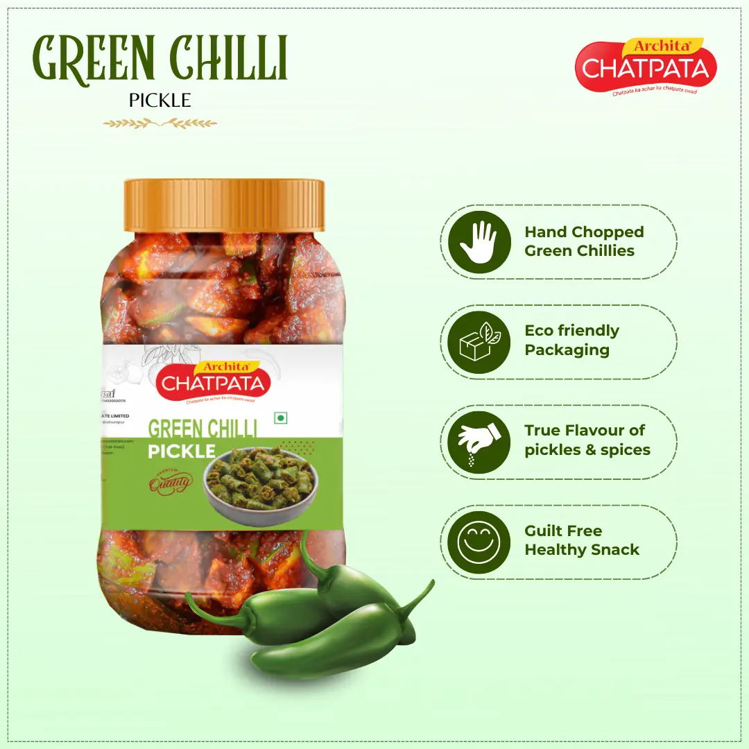 Archita Chatpata Green Chilli Pickle 500gm - Plastic Jar - Image 3