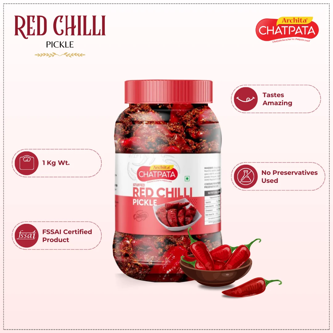 Archita Chatpata Red Stuffed Chilli Pickle 1kg - Plastic Jar - Image 2