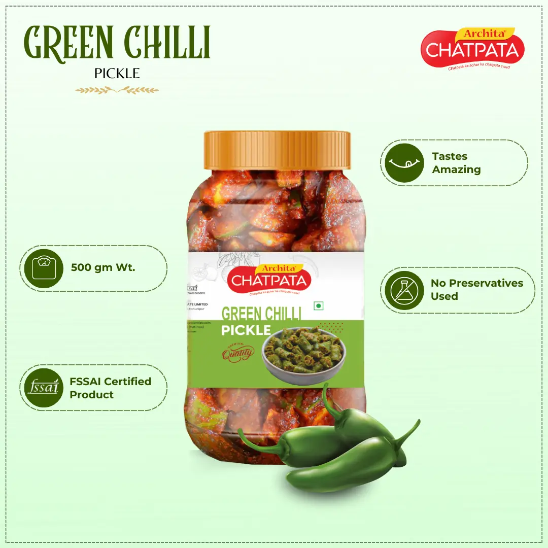 Archita Chatpata Green Chilli Pickle 500gm - Plastic Jar - Image 2