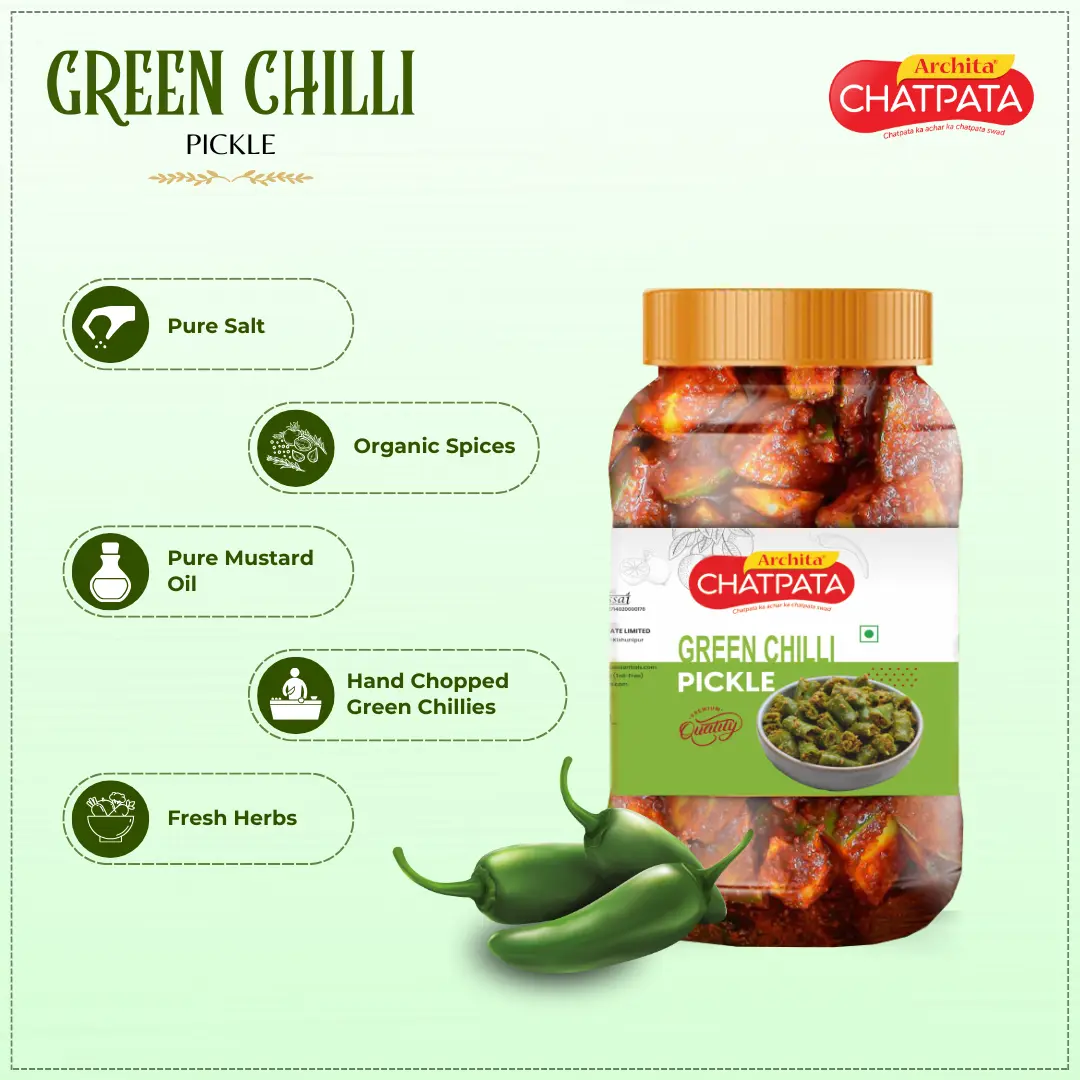Archita Chatpata Green Chilli Pickle 500gm - Plastic Jar - Image 4