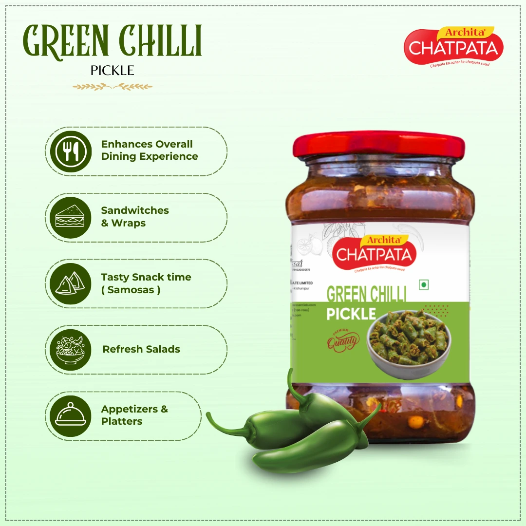 Archita Chatpata Green Chilli Pickle 400gm - Glass Jar - Image 5