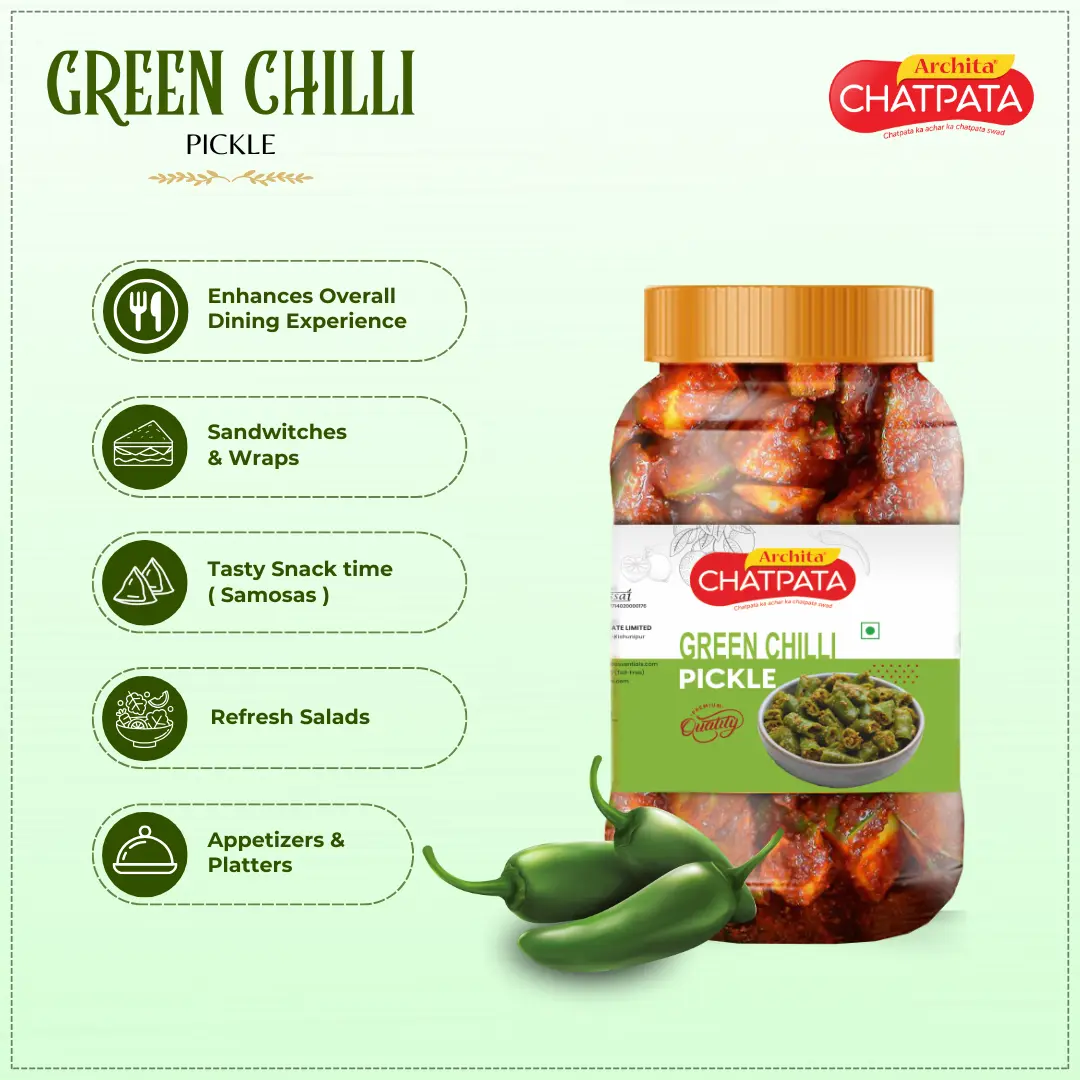 Archita Chatpata Green Chilli Pickle 500gm - Plastic Jar - Image 5